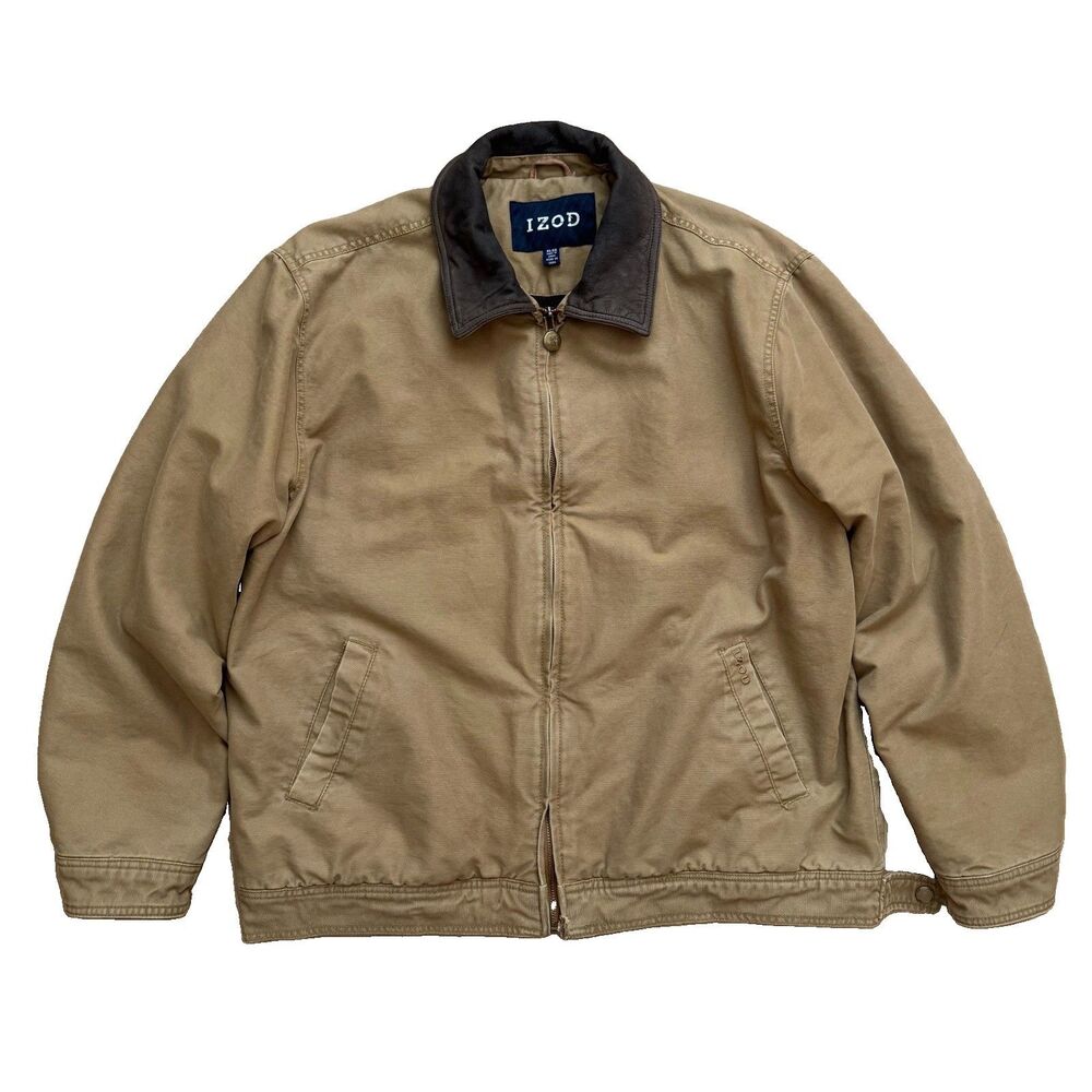 Vintage IZOD Detroit Jacket Mens XL Leather Collar Canvas Workwear Coat Tan